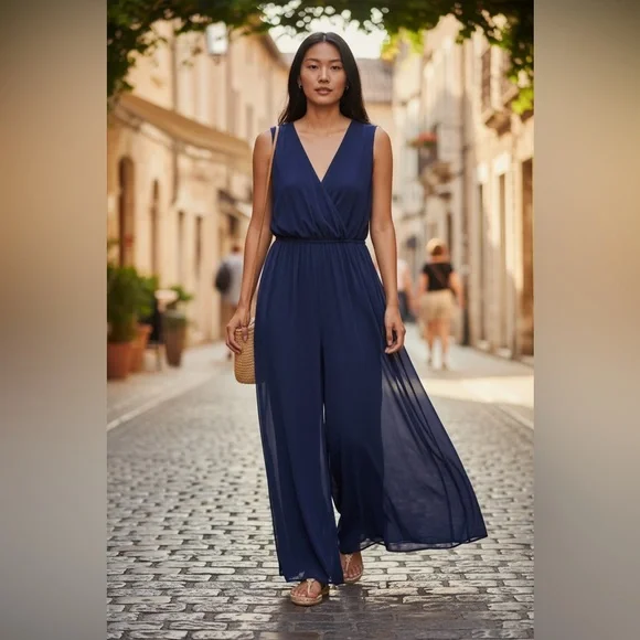 Xtaren Navy Blue Chiffon Wrap-Style Jumpsuit Size Medium - Picture 2 of 4